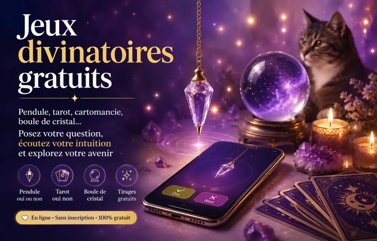 Jeux divinatoires gratuits en ligne avec pendule, tarot, boule de cristal et ambiance mystique Voyancecats