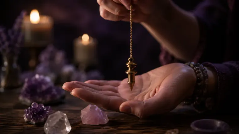 Pendule divinatoire en laiton tenu entre le pouce et l'index, oscillant au-dessus d'une main ouverte, entouré d'améthystes, de quartz et de bougies