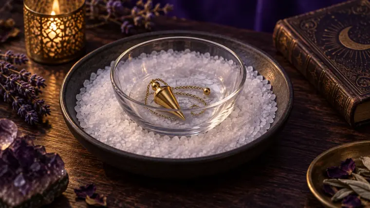 Pendule en laiton dans un bol en verre posé sur un lit de gros sel, pour une purification sans contact direct