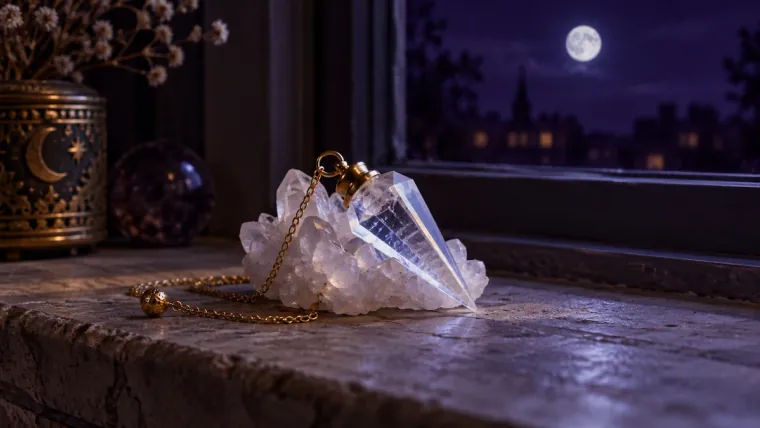 Pendule en cristal de roche posé sur un amas de quartz au bord d'une fenêtre éclairée par la pleine lune