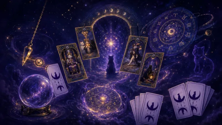Les arts divinatoires en ligne : cartes de tarot félines, pendule, boule de cristal, roue du zodiaque et numérologie flottant dans un ciel étoilé