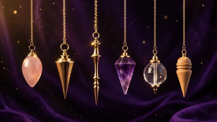 Les différents types de pendules divinatoires suspendus : goutte en quartz rose, cône en laiton, pendule égyptien de Thot, améthyste à facettes, sephoroton en cristal de roche et pendule en bois